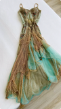 Vintage Green Beaded Chiffon Embroidery Prom Dress A-Line Spaghetti Strap Evening Dress Long Formal Dress HZ1024