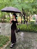 Fashion Sexy Black Lace Cutout Sleeved Backless Halter Dress HZ1024