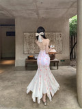 New Stylish Women Pink Butterfly Mermaid Spaghetti Strap Dress HZ1024