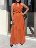 French Elegant Wind Two Sets 2025 New Chest Hanging Neck Loaf Side Top + High Waist Pressure Folded Skirt Dress 68HZ