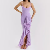 Early Autumn Women's High-End New Mesh Sling Sling Folds Irregular Sleeveless Dress Fashion Design Long Dress 68HZ