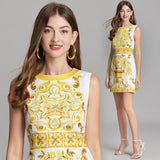 2024 Summer New Women's High-End Court Retro-Print Round-Neck Sleeveless Vest Short Dress 68HZ