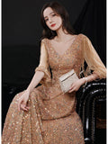 Evening Dress High-End Atmospheric Champagne Host Performance Of High-End Sequins Long Banquet Temperament Dress 68HZ
