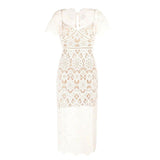 Summer Design Feel Rice White Heavy Lace Short Sleeve V-Neck Dress High Waist Repair Paper Pencil Dress 68HZ