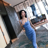 Blue Temperament Elegant Banquet Party Evening Dress Women Can Usually Wear Slim Slim Dress 68HZ