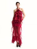 High-End Women's Sexy Lotus Leaf Side Strap Hanging Neck Dress Flower Decorative Perspective Skirt Dress Dress 68HZ