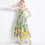 Summer Show Lemon Blue And White Porcelain Print Bows To Collect Waist Thin Holiday Style Long Hanging Dress 68HZ