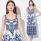 Summer French Retro Sling Dress Long Dress Temperament High Waistless Sleeveless Porcelain Print A Large Swing Dress 68HZ