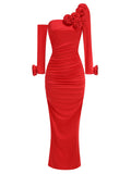 Women's Three-Dimensional Flower Design Folds Open Fork Solid Color Dress Dress 68HZ