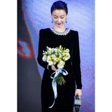 Nini Star With The Same Temperament Evening Dress Long-Sleeved Velvet Dress Annual Banquet Girl 68HZ