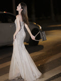 Evening Dress Fishtail Woman 2024 New High-End Banquet Temperament Silver Dress Light Luxury Niche High-End Host 68HZ