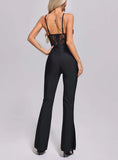 Lean Hepburn Women's Sling Lace Bandage Elastic Slimming Jumpsuit Fish Bone Long Black 68HZ