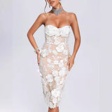 Elegant Lace Three-Dimensional Flowers Decorated With White Sexy Thoracic Dress Light Luxury Dinner Dress 68HZ