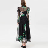 Fashion Scarf Long-Sleeved Green Rose Print Long Dress Spring And Summer Women's New 2024 68HZ