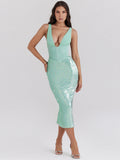 Women's Sexy Deep V-Snee Dress Temperament Body-Body-Bstupling Open Fork Dress Mid-Long 68HZ