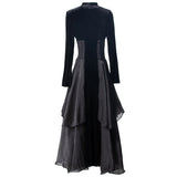Velvet Stitching Tulle Sexy V Collar Long Sleeve Lotus Side Black Cake Dress Women's Spring 2025 68HZ