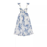 2024 French Super Fairy Holiday Sling Belt Sleeveless Waist-Free Blue Printed Dress Body-Drag Skirt 68HZ