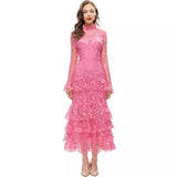 Vintage Style Collar Horn Long-Sleeved Water-So-Hook Flower Pink Dress Dress Summer And Autumn Women's New 2024 68HZ