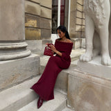 Solid-Colored Out-Shouldered Knitted Long Dress Stylish Sexy Body-Sucking Knitted Long Dress Dress 68HZ