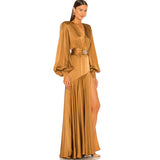 High-End Women's Deep V Shoulder Decoration Trumpet Sleeves Under The Open Fork Elegant Long Dress 68HZ