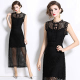 Summer New French Fashion Dinner Mature Dignified Salt Wind Hollow Rounded Sleeveless Dress 68HZ