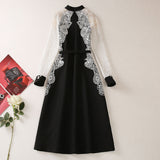 Vintage Feng Shui Soluble Flower Splicing Nails Button Long-Sleeved Black Dress Women's New Spring 2025 68HZ