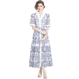 2024 Summer Collar Short-Sleeved Belt-Recely Blue Print Hollow Lace Retro Dress 68HZ