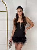 High-Quality Shoulder-To-Shoulder-In-Word Collar V-Bode Ostriches Woolen And-Bobow-Bow-Bowded Dress Bandage Dress 68HZ