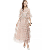 Heavy Industry Embroidered Short Sleeve Splicing Round Collar Lotus Leaf Side Long Dress Dress Autumn And Winter Women's Dress New 68HZ