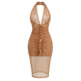 New New Sexy Hanging Neck Dress Body High-End Mesh Micro-Perspective Folding Dress Long 68HZ