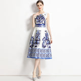 Standing Women's Clothing 2025 Summer New Elegant Temperament Bottom Vest Dress Blue And White Porcelain Printing Dress Women 68HZ