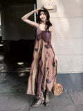 Vintage Irregular Ruffled Hem Fashion Splicing Design A-line Long Spaghetti Strap Dress HZ1024
