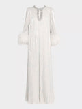 Small Group Liu Jialing With The Same Water Drill Ostrich Hair Decoration Long-Sleeved Holiday Chiffon Dress SP 68HZ
