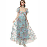 Sexy Square Collar Bubble Sleeves To Collect Waist Long Print Lotus Leaf Side Blue Dress Summer Women's New 2024 68HZ