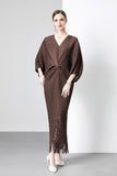 Miyako Dress 2025 Summer New Temperament Relaxed Bat Sleeve V Collar Thin Fish Tail Folded Long Dress 68HZ