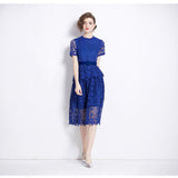 Vintage Court Style Temperament Short-Sleeved Round-Neck Waist Thin A-Word Hook Lace Dress Elegant Dress 68HZ