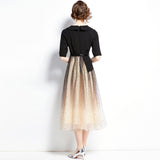 Black Dress Famous Temperament Thin Fake Two Suit Mesh Splicing Long Skirt 68HZ
