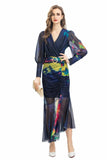 Sexy V-Neck Long-Sleeved Elegant Print Irregular Fishtail Dress Dress Women's Autumn New 2025 68HZ