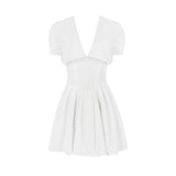 New Sexy Deep V Bubble Sleeve White Bow Short Skirt To Thin French Dress Women's Dress 68HZ