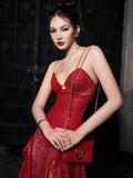 High-End Women's Perspective Sexy Sling Dress Dress Deep V Print High Open Fork Dress Dress 68HZ