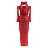 New Women's Sexy V-Neck Long-Sleeved Dress High-End Decorative Flowers Under The Fork Dress Long Model 68HZ