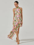New Sexy Shoulder Hanging Neck Print Dress In The Long Dress Irregular Lotus Leaf Side Temperament Dress Dress 68HZ