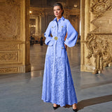 Spring 2025 New Women's Fashion Flip Lantern Long Sleeve Single Buckle Belt Lace Long Temperament Dress Woman 68HZ