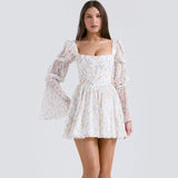 Hottie Women's Clothing Pure Sexual Sexy Waist Show Thin Sleeve Print Dress Spring Women Chiffon Dress New 68HZ