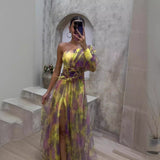 Summer New Women's Sexy Slant Shoulder Shoulder Long Sleeve Broken Flower Dress Dress High-End Big Swing Flowers 68HZ