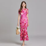 Temperament Court Style Heavy Industry Three-Dimensional Flower Net Embroidery Bagted Hip Dress French Fishtail Dress Woman 68HZ