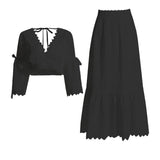 Australian Trendy Two-Piece Set 2025 New Fashion V-Neck Lace Embroidered Horn Sleeve Top + High-Waisted Long Dress 68HZ