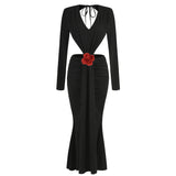 New Sexy V-Necked Long-Sleeved Dress Waist Decor Flower Open-Forked Pouse Dress Dress Dress Long 68HZ