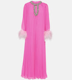 Small Group Liu Jialing With The Same Water Drill Ostrich Hair Decoration Long-Sleeved Holiday Chiffon Dress SP 68HZ