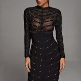 Women's Clothing Heavy Industry Nail Perspective Mesh Long-Sleeved Dress Banded Dress Burst 68HZ